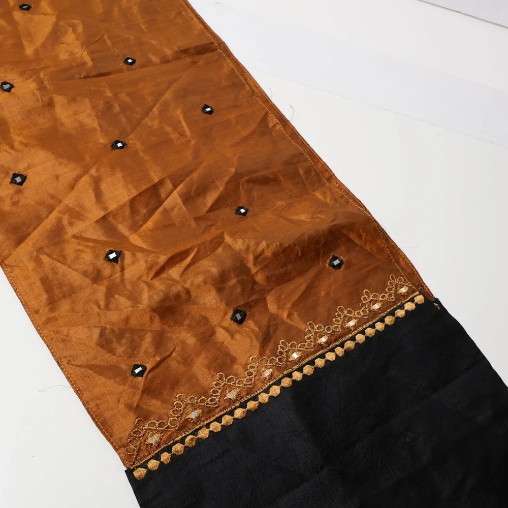 CRC India 100% Silk Scarf Rust‎ Black Gold Mirror Work Embroidered Artisan Wrap
